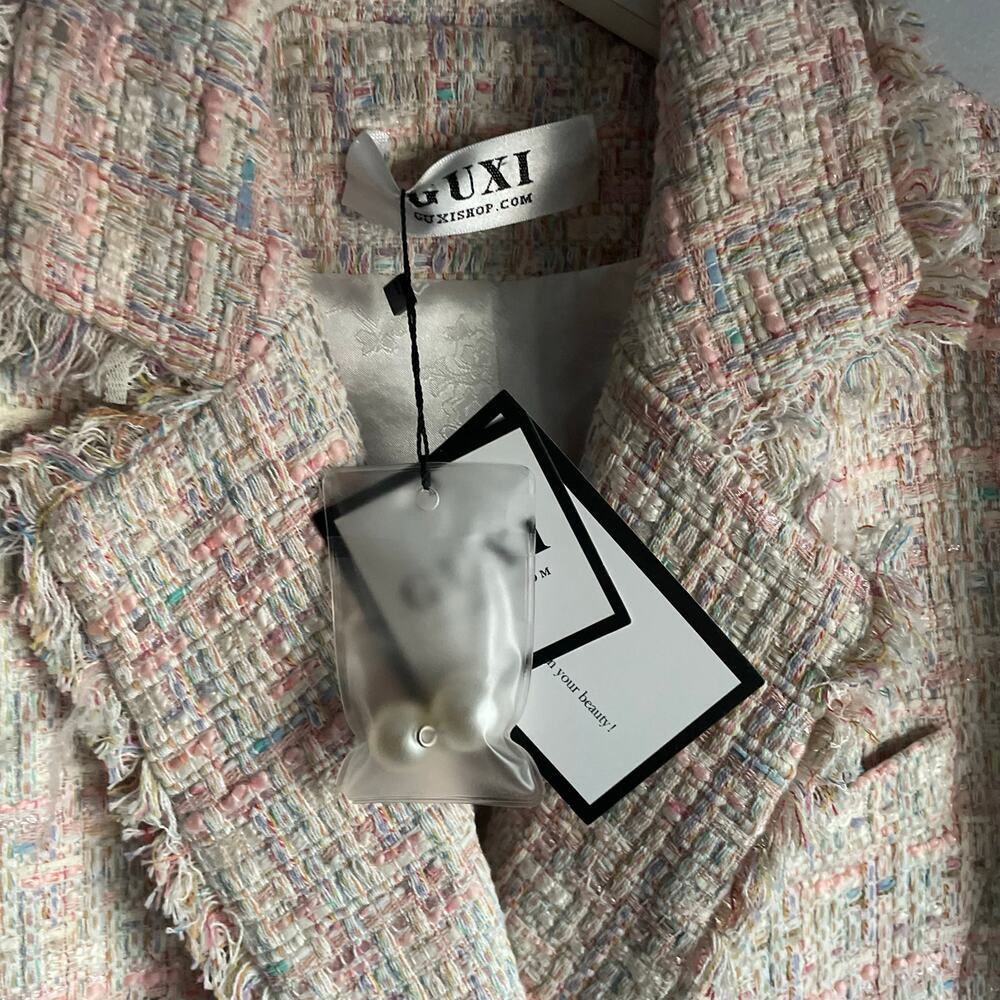 Guxi Pink Pastel Tweed Blazer with Pearls Fringe Preppy Old Money size XL - Picture 7 of 10